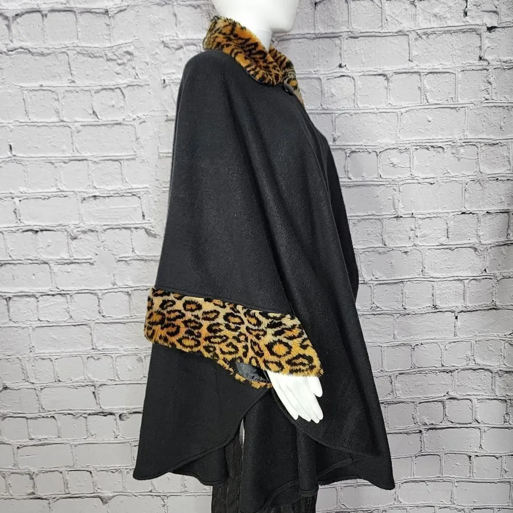 Vintage Honey Leopard Faux Fur Trim Black Cape - Picture 3 of 6